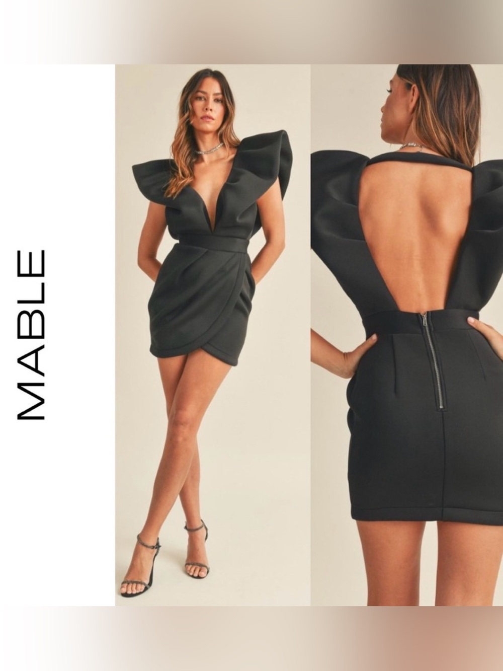 MABLE Black Puff Sleeves Tulip V Neckline Dress Sz M Cocktail Attire Homecoming